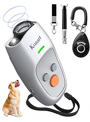 Kozart Anti Barking Device Dog Barking Control Devices 3 Frequency pet Gentle Ultrasonic Dog Bark Deterrent Device Range of 16.4 Ft Rechargeable with Led Light Dog Whistle and Dog ClickerSliver