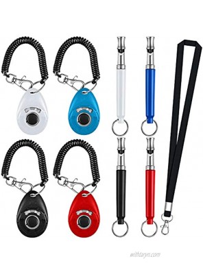 Frienda 8 Pieces Dog Training Whistle with Clicker Kit Include 4 Pieces Adjustable Dog Ultrasonic Whistle with Lanyard and 4 Pieces Training Clicker with Wrist Strap for Pet Training Recalling