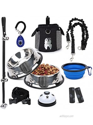 Benkey Puppy Training Kit 10pcs Pup Dog Starter kit Gift Set of Dog Treat Pouch Adjustable Dog Bell 2 Pack Stainless Steel Dog Bowl Potty Training Bell Dog Leashes Accessories and Dog Clicker