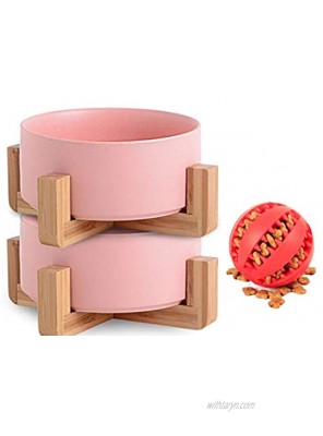 Ceramic Dog and Cat Bowls with Wood Stand ,No Spill Weighted Pet Food Water Feeder for Cats and Dogs Set of 2 Free One Slow Feeder Ball