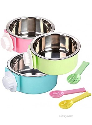 kathson Crate Dog Bowl Stainless Steel Removable Hanging Cage Food Bowl Pet Food Spoon & Water Feeder Bowls Coop Cup for Puppy Cat Bird Rabbit（3 PCS）