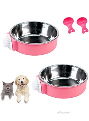 Lucky Interests 2 Pack Pink Crate Dog Bowl Plastic Bowl & Stainless Steel Bowl Removable Hanging Food & Water Feeder 2-in-1 Cage Bowl Coop Cup for Cat Dog Birds Parrot with 2 Pet Food Spoons