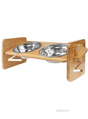 Adjustable Bamboo Raised Pet Bowl Elevated Dog Cat Food and Water Bowls Stand Feeder Poultry Feeder with 2 Stainless Steel Bowls New