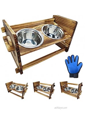 A.FATI Elevated Dog Bowls Adjustable Raised Dog Bowl with 2 Stainless Steel 1.0 L Dog Food Bowls Waterproof Pine Wood Bowls Stand Adjusts to 3 Heights for Small Medium Dogs and Pets