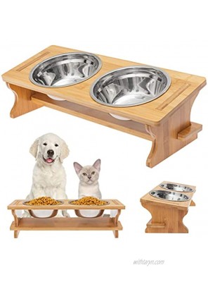 BINGPET Raised Pet Bowls for Small Dogs and Cats Bamboo Elevated Stand Feeder 2 Stainless Steel Water and Food Bowls 6.3in x 17in x 5in