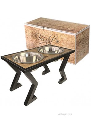 Bright Dezigns Elevated Dog Bowls for Large Dogs. Raised Dog Bowl for Medium Dogs with 2 Stainless Steel Pet Food and Water Bowls. Mango Wood Top on Sturdy Black Metal Stand. Tall Dog Bowl Stand