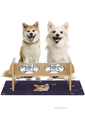 Elevated Dog Bowls,Adjustable Raised Dog Bowls for Medium Dogs,Large Dogs,Durable Bamboo Dog Bowl Stand Feeder with 2 Stainless Steel Bowls and Highly Absorbent Waterproof Food Mat Medium Dog