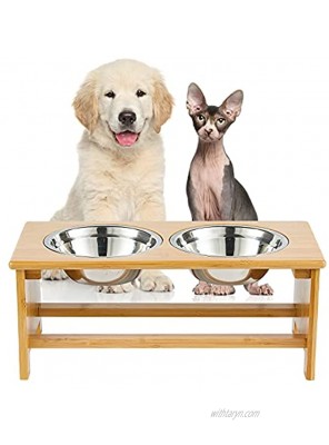 FILWH Bamboo Elevated Dog Bowls Raised Dog Cat Food and Water Bowls Elevated Feeder Stand with 2 Stainless Steel Bowls and Anti Slip Feet 4 for Small to Large Dogs