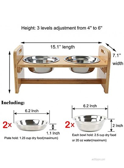 FOREYY Adjustable Raised Pet Stand for Cats and Dogs with 4 Bowls Bamboo Elevated Dog Cat Food and Water Bowls Stand Feeder with 4 Stainless Steel Bowls and Anti Slip Feet