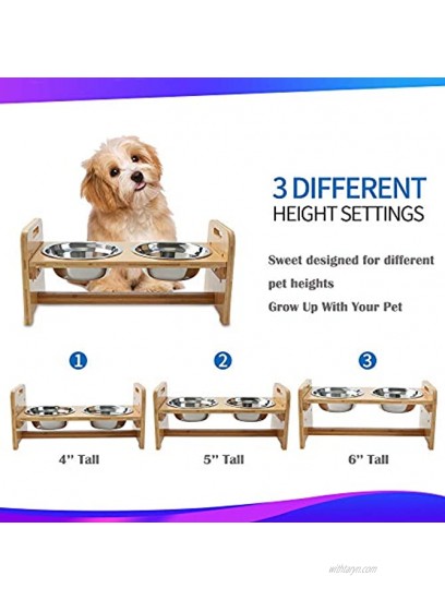 FOREYY Adjustable Raised Pet Stand for Cats and Dogs with 4 Bowls Bamboo Elevated Dog Cat Food and Water Bowls Stand Feeder with 4 Stainless Steel Bowls and Anti Slip Feet