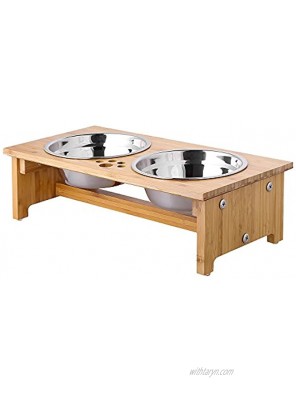 FOREYY Raised Pet Bowls for Cats and Small Dogs Bamboo Elevated Dog Cat Food and Water Bowls Stand Feeder with 2 Stainless Steel Bowls and Anti Slip Feet 4'' Tall-20 oz Bowl