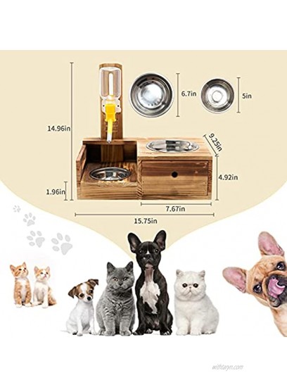 JYMNDD Elevated Dog Cat Bowls,Raised Wood Dog Food and Water Bowls Stand Feeder with 2 Stainless Steel Bowls and Water Bottle