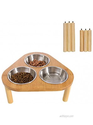 Miss Meow Raised Cat Bowls with Stand Feeder Elevated Bamboo Stand with 3 Stainless Still Bowls and Removable Feet. Stainless Still Bowls