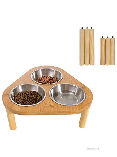 Miss Meow Raised Cat Bowls with Stand Feeder Elevated Bamboo Stand with 3 Stainless Still Bowls and Removable Feet. Stainless Still Bowls