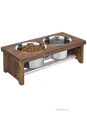 MyGift 5 Inch Height Burnt Wood Small Pet Dog Cat Elevated Raised Feeder Stand with 2 Removable Stainless Steel Bowls