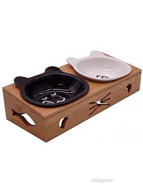 OXEMIZE Raised Cat Food Bowls Pet Elevated Water Feeder Ceramic Bowls No Spill Double Cat Dish Kitten Puppies Small Dog Feeding Station Wood Food Holder Set 2 in 1