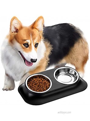 Pettom Double Dog Bowl Stainless Steel Cat Bowls with Moat 14.2oz 15ﾟInclined Non-Slip Raised Pet Food Water Bowls Pet Feeding Tools Tilted Dual Pet Feeder Bowl for Dogs Cats