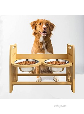 Raised Dog Bowls for Large Dogs Elevated Food & Water Feeder Stand Holder with 2 Stainless Steel Bowls 2 Adjustable Height Bamboo Raised Dog Bowl with Non-Slip Feet and Baffle 12.6in Tall & 60oz