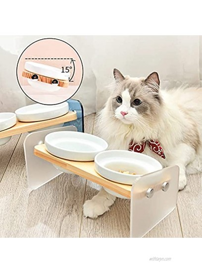 SPRICHIC Elevated Dog Cat Bowls 15° Tilted Raised Pet Double Ceramic Dishes Acrylic Pine Wood Stand Feeder Set for Cats and Small Dogs