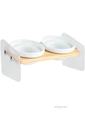 SPRICHIC Elevated Dog Cat Bowls 15° Tilted Raised Pet Double Ceramic Dishes Acrylic Pine Wood Stand Feeder Set for Cats and Small Dogs