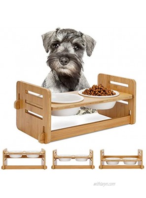 WANTRYAPET Adjustable Bamboo Elevated Pet Feed Bowl Adjusts to 3 Heights Raised Dog Cat Pet Bowls Food and Water Bowl Stand Feeder with 2 Ceramic Bowls for Cats and Small Dogs