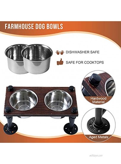 WELLAND Elevated Dog Bowls with 2 Stainless Steel Bowls Farmhouse Style Dog Raised Bowls for Small or Medium Dogs Dog Feeder with Solid Wood Board & Black Metal Legs 15.7”W x 8”D x 6.7”H