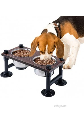 WELLAND Elevated Dog Bowls with 2 Stainless Steel Bowls Farmhouse Style Dog Raised Bowls for Small or Medium Dogs Dog Feeder with Solid Wood Board & Black Metal Legs 15.7”W x 8”D x 6.7”H