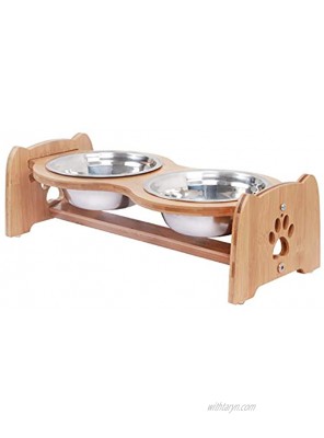 X-ZONE PET Raised Pet Bowls for Cats and Dogs Adjustable Bamboo Elevated Dog Cat Food and Water Bowls Stand Feeder with 2 Stainless Steel Bowls and Anti Slip Feet Height 4