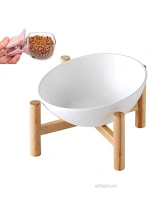 Zhang Ku Cat Ceramic Tilted Elevated Raised Pet Bowl with Wood Stand for Cats and Dogs No Spill Pet Food Water Feeder Protect Pets Spine for Pet Food & Water Bowls White