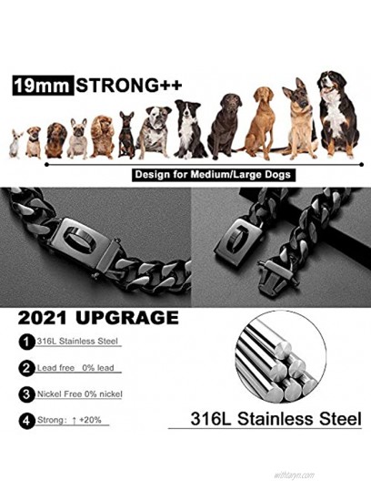 Black Dog Chain Collar Walking Metal Choke Collar with Design Secure Buckle Cuban Link Strong Heavy Duty Chew Proof for Small Dogs American Pitbull German Shepherd 19MM 12