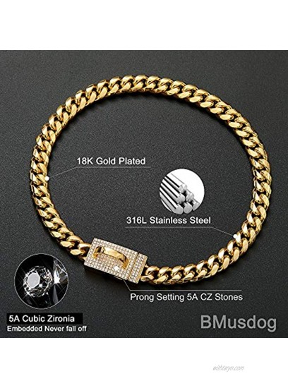 BMusdog Gold Dog Chain Collar with Cubic Zirconia Design Secure Buckle 18K Gold Cuban Link Chain 10MM Heavy Duty Chew Proof Walking Collar for Small Medium Large Dogs 10in to 24in