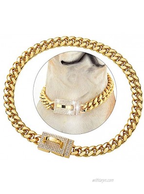 BMusdog Gold Dog Chain Collar with Cubic Zirconia Design Secure Buckle 18K Gold Cuban Link Chain 10MM Heavy Duty Chew Proof Walking Collar for Small Medium Large Dogs 10in to 24in