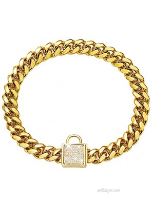 Gold Dog Chain Collars with Cubic Zirconia Locking Secure Buckle 10MM 18K Metal Stainles Steel Miami Cuban Link Chain Walking Chew Proof Chain Collar Necklace 10in to 20in for Dog Puppy Cats Kitties
