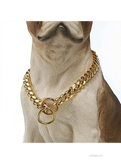 Heavy Duty Cuban Chain 18K Gold Dog Collar 16-26inch 14mm Wide Strong Thick Stainless Steel Metal Links Slip Chain Luxury Training Collar for All Breeds Large Medium Pitbull Dogs