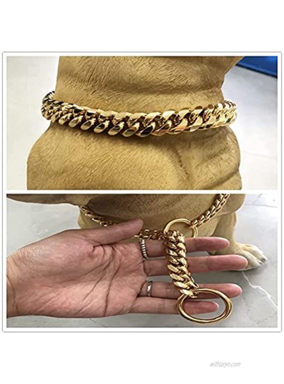 Heavy Duty Cuban Chain 18K Gold Dog Collar 16-26inch 14mm Wide Strong Thick Stainless Steel Metal Links Slip Chain Luxury Training Collar for All Breeds Large Medium Pitbull Dogs