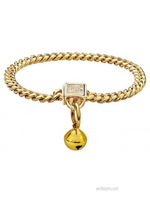 NIKPET Cat Collar with Bell and Ice-Out Cubic Zirconia Stones Secure Buckle 6MM 18K Gold Metal Stainles Steel Cuban Link Chain Choke Dog Chain Collar 10 inches to 20 inches Puppy Kitty Necklace