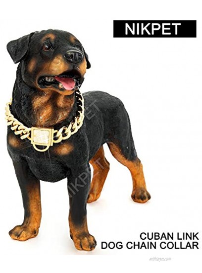 NIKPET Gold Dog Chain Collar with Secure Buckle Cubic Zirconia Stone 18K Metal Stainless Steel Cuban Link Chain 19MM Thick Strong Heavy Duty Walking Training Choke Collar 16 to 26in for M Large Dogs