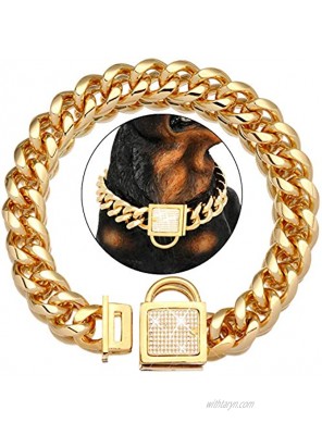 NIKPET Gold Dog Chain Collar with Secure Buckle Cubic Zirconia Stone 18K Metal Stainless Steel Cuban Link Chain 19MM Thick Strong Heavy Duty Walking Training Choke Collar 16 to 26in for M Large Dogs