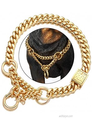 NIKPET Gold Dog Martingale Collar Metal Chain Choke with Design Secure Buckle 18K Cuban Link 15MM Strong Chew Proof Walking Training Slip Collar for Medium Large Dogs American Pitbull German Shepherd