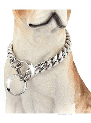 ToBeTrendy Silver Chain Dog Collar Cuban Link Chain Stainless Steel Metal Links 14MM Heavy Duty Walking Training Collar for Medium Large Dogs 16inches to 26inches