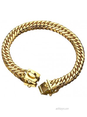 txprodogchains Gold Dog Chain Collar Metal Choke Collar with Design Secure Buckle 18K Cuban Link 16MM Utra Strong Heavy Duty Chew Proof Walking Collar for Small Medium Large Dogs