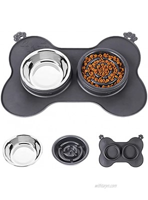 Slow Feeder Dog Bowls JKZJ Cat Dog Stainless Steel Water Bowl & No-Spill Non-Skid Silicone Food Mat for Pets Health