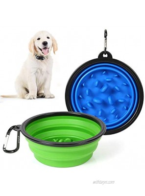 2-Pack Large Collapsible Dog Bowls 34oz Portable Slow Feeder Dog Water Bowls Travel Pet Dish for Dogs & Cats Blue + Green with Free Carabiner
