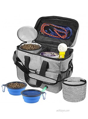 Dog Travel Bag Airline Approved Dog Bags for Traveling Stores Dog Supplies Accessories Organizer with 2 Dog Food Storage Container 2 Silicone Collapsible Dog Bowls and Multi-Function Pockets Gray