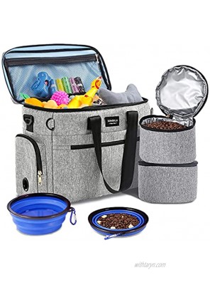Dog Travel Bag Pet Owner Multi-Use Dog Outdoor Bag Include 2X Collapsible Dog Bowls 2X Food Storage Containers Airplane Approved Perfect Weekend Pet Travel Set for Dog Cat Gray
