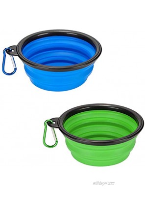 Emoly 2 Pack Large Size Collapsible Dog Bowl Food Grade Silicone BPA Free with Carabiner Clip Foldable Expandable Cup Dish for Pet Cat Food Water Feeding Portable Travel Bowl Blue & Green