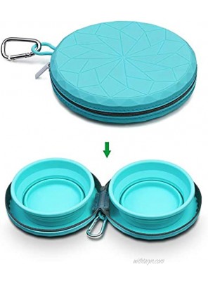 KALLAK Collapsible Silicone Twin Dog Bowls with Zipper Silicone Case Foldable Travel Dog Bowls Expandable Cup Dish No Spill Non-Skid Silicone Pet Food and Water Feeder Bowl with Carabiner Clip