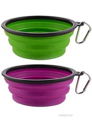 Large Collapsible Dog Bowls 34oz Portable Foldable Travel Water Bowl Food Dishes with Carabiner Clip for Traveling Hiking Walking 2 Pack Purple+Green