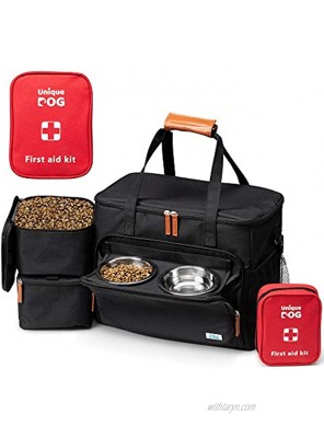 Unique Dog Travel Bag Dog Traveling Luggage Set for Dogs Accessories Include Pet First Aid Bag with Case Tags Elevated Bowl Stand 2X Food Storage Containers 2X Dog Stainless Steel Bowls.
