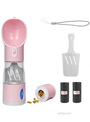 Portable Dog Water Bottle 4 in 1 Pet Portable Water Bottle,Leak-Proof Design,9 OZ Water Cup 7.5 OZ Food Cup,Poop Shovel & Garbage Bag Lightweight & Portable for Walking,Travel Camping Pink